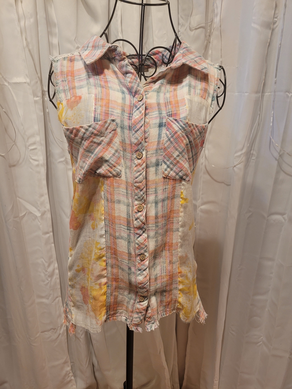 Miss Me Pastel Plaid Sleeveless Button-Down Top with Yellow Accents